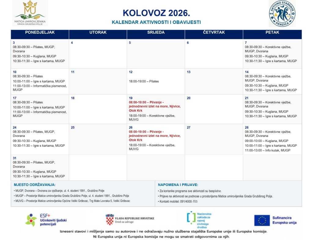 kalendar aktivnosti MUGP