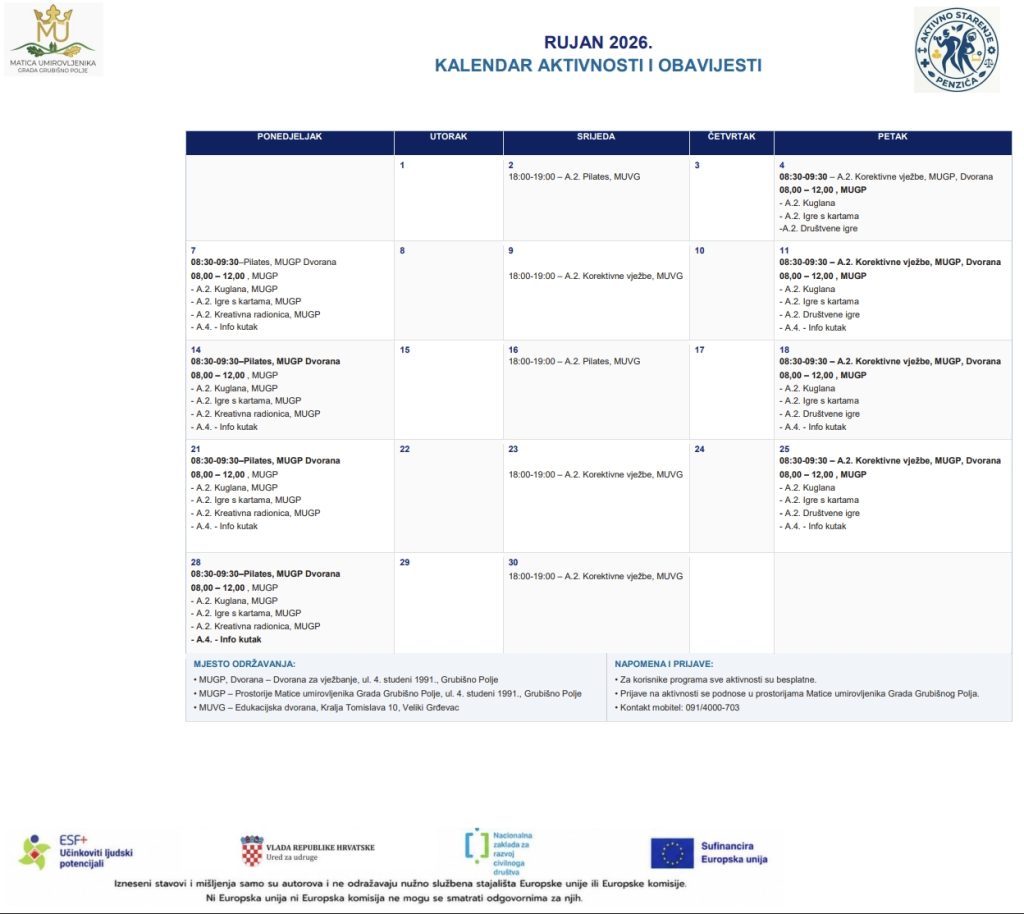 kalendar aktivnosti rujan 2026